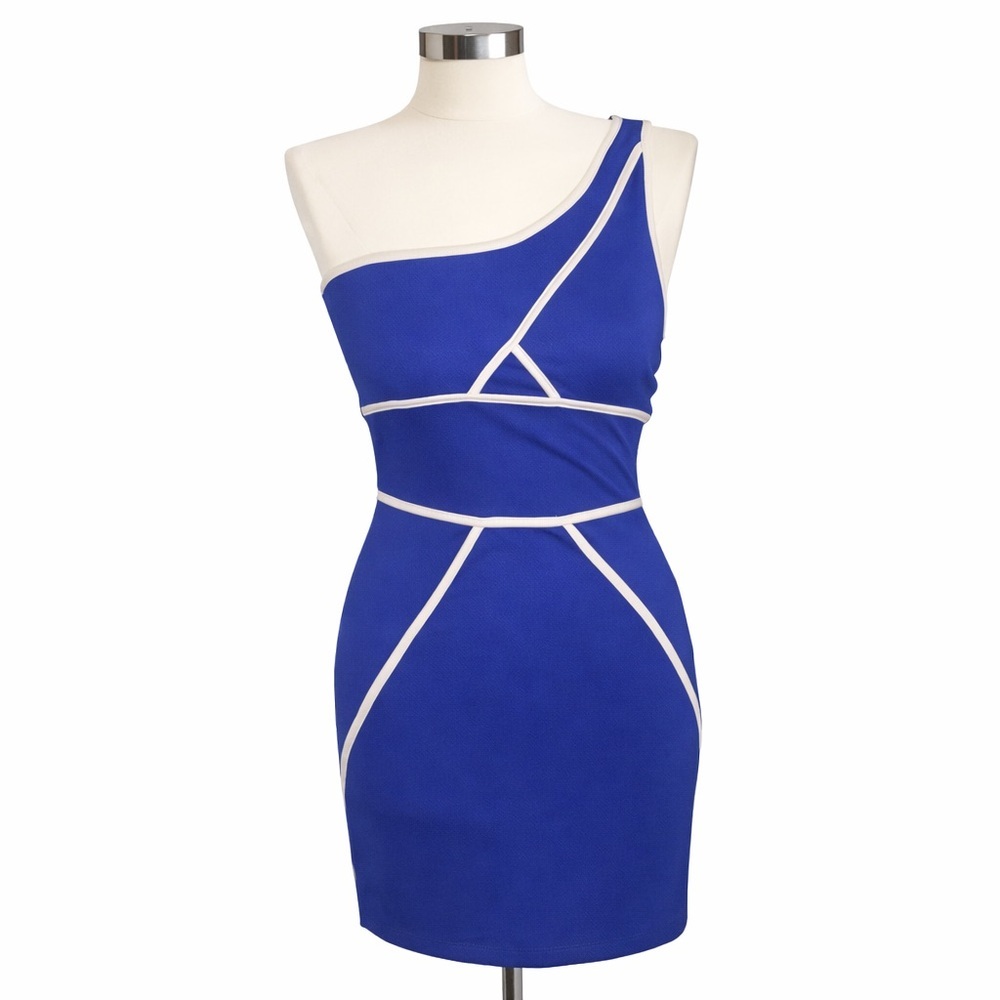 Zinga Blue One Shoulder Bodycon Mini Dress White Trim Cutout Detail Size L